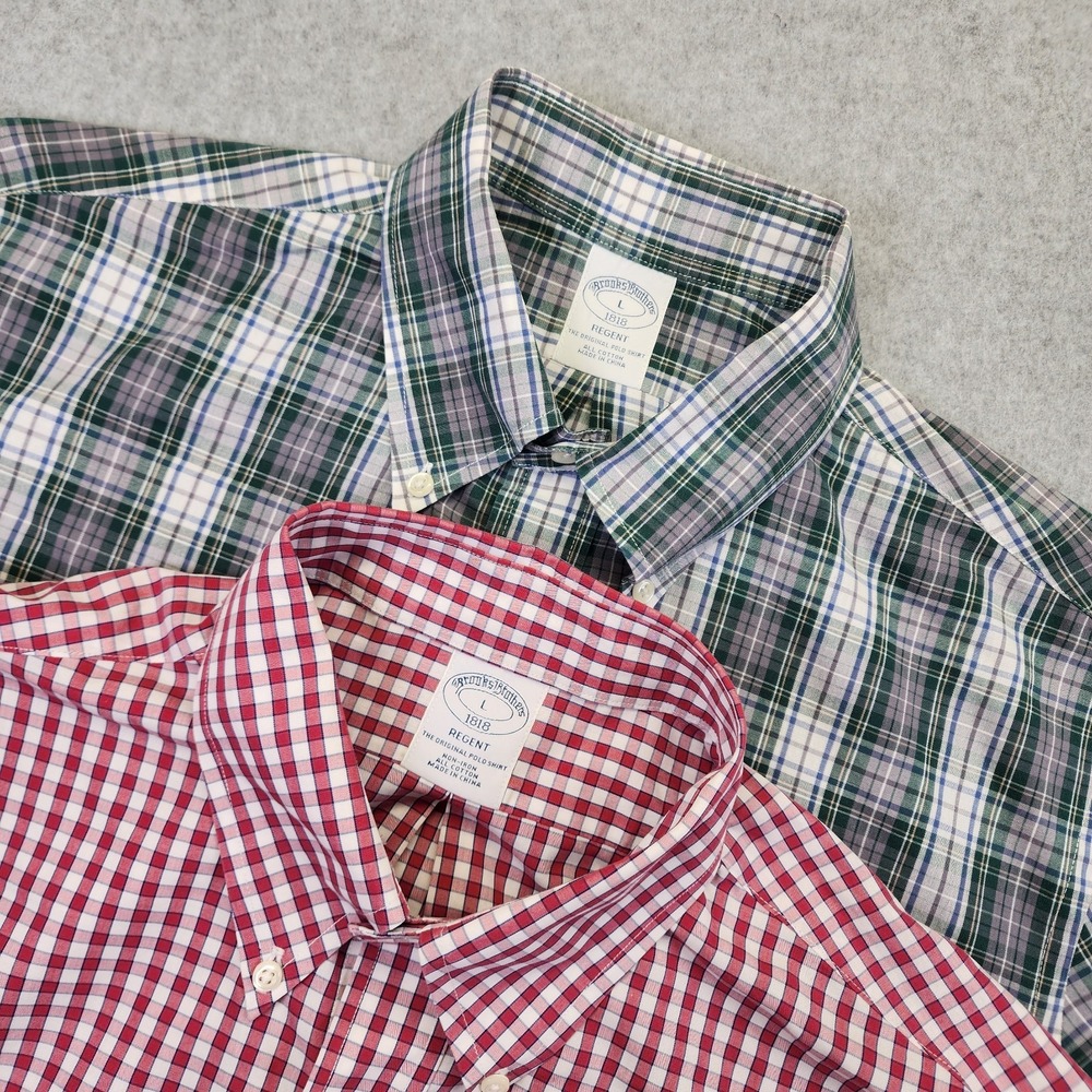 Brooks Brothers Lot Of 2 Button Down Shirts Mens L Plaid Regent Red Green Cotton